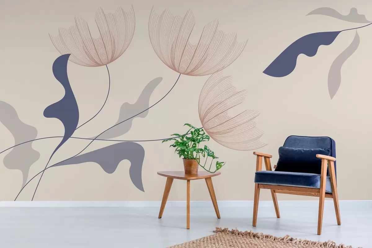 Fototapeedid elegantsed minimalistlikud lilled sinistes toonides beežil taustal w03763