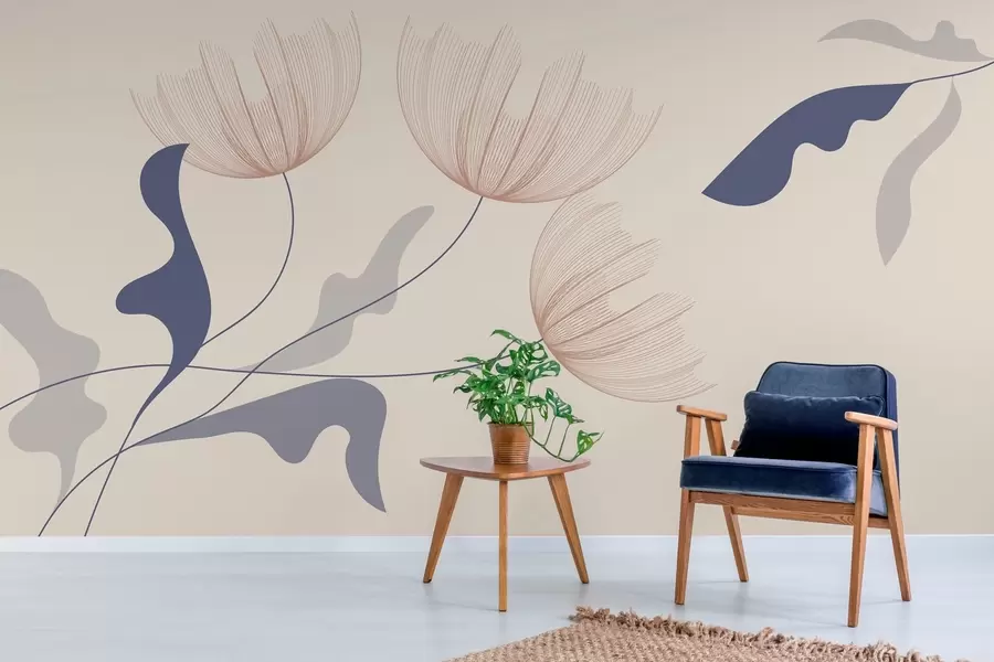 Fototapeedid elegantsed minimalistlikud lilled sinistes toonides beežil taustal w03763