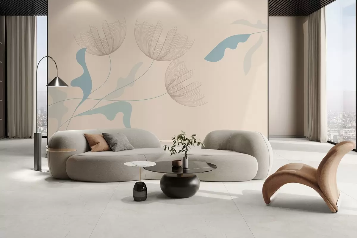 Fototapeedid elegantsed minimalistlikud lilled helesinistes toonides beežil taustal w03763v1