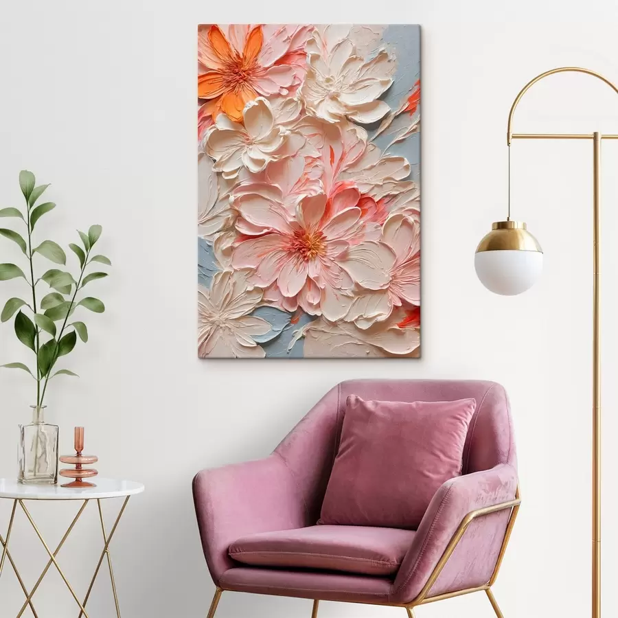 Pilt Valged ja roosad lilled sinisel taustal õlimaali stiilis s44074