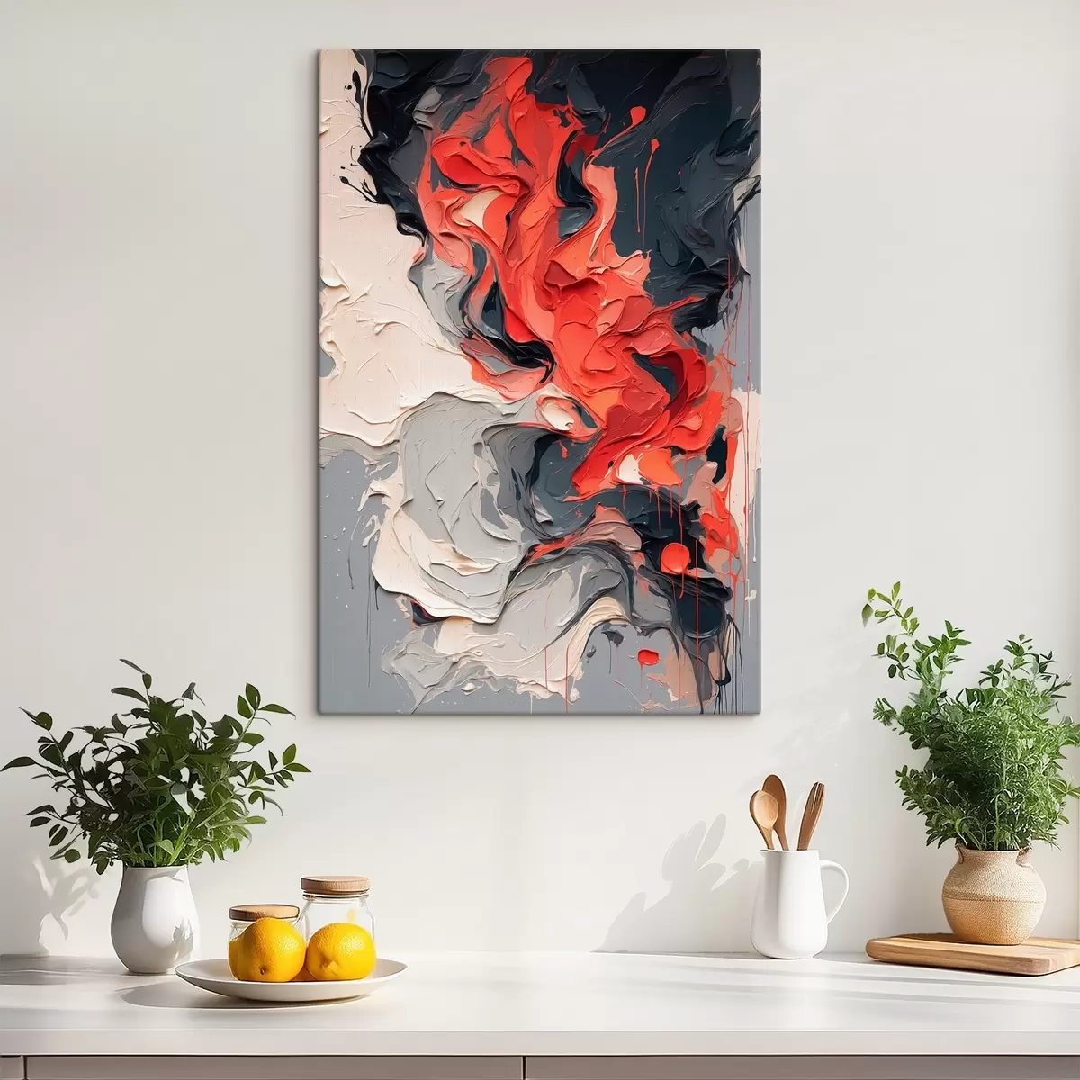 Pilt Abstraktne õlimaal punastes, mustades ja hallides värvides s44079