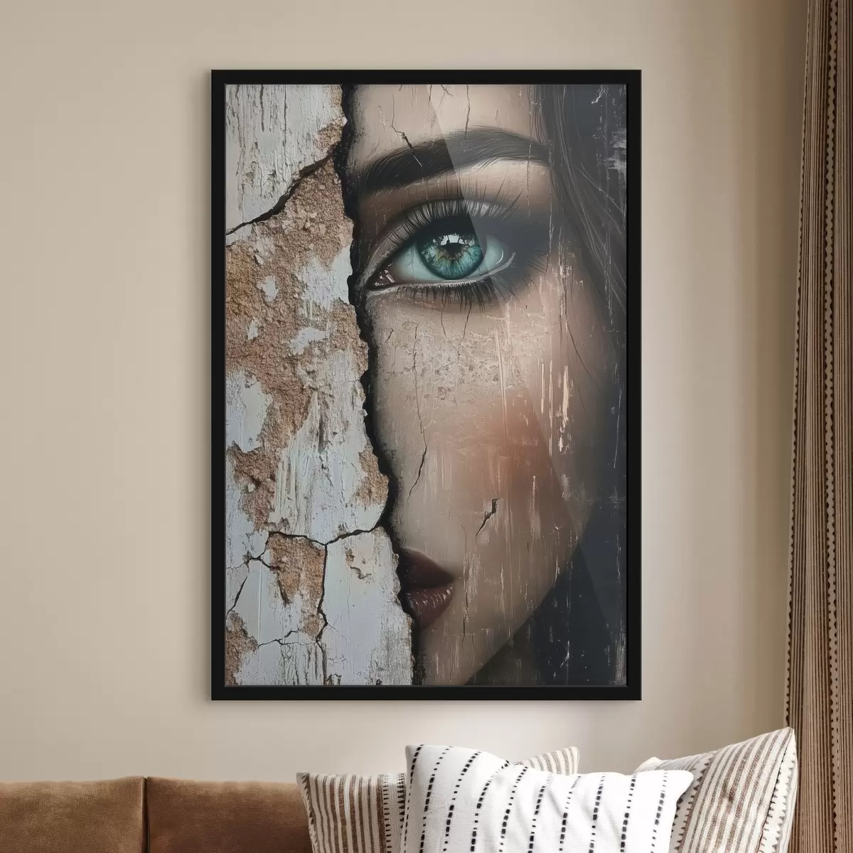 Plakat Tüdruku nägu vana seina taga f44069