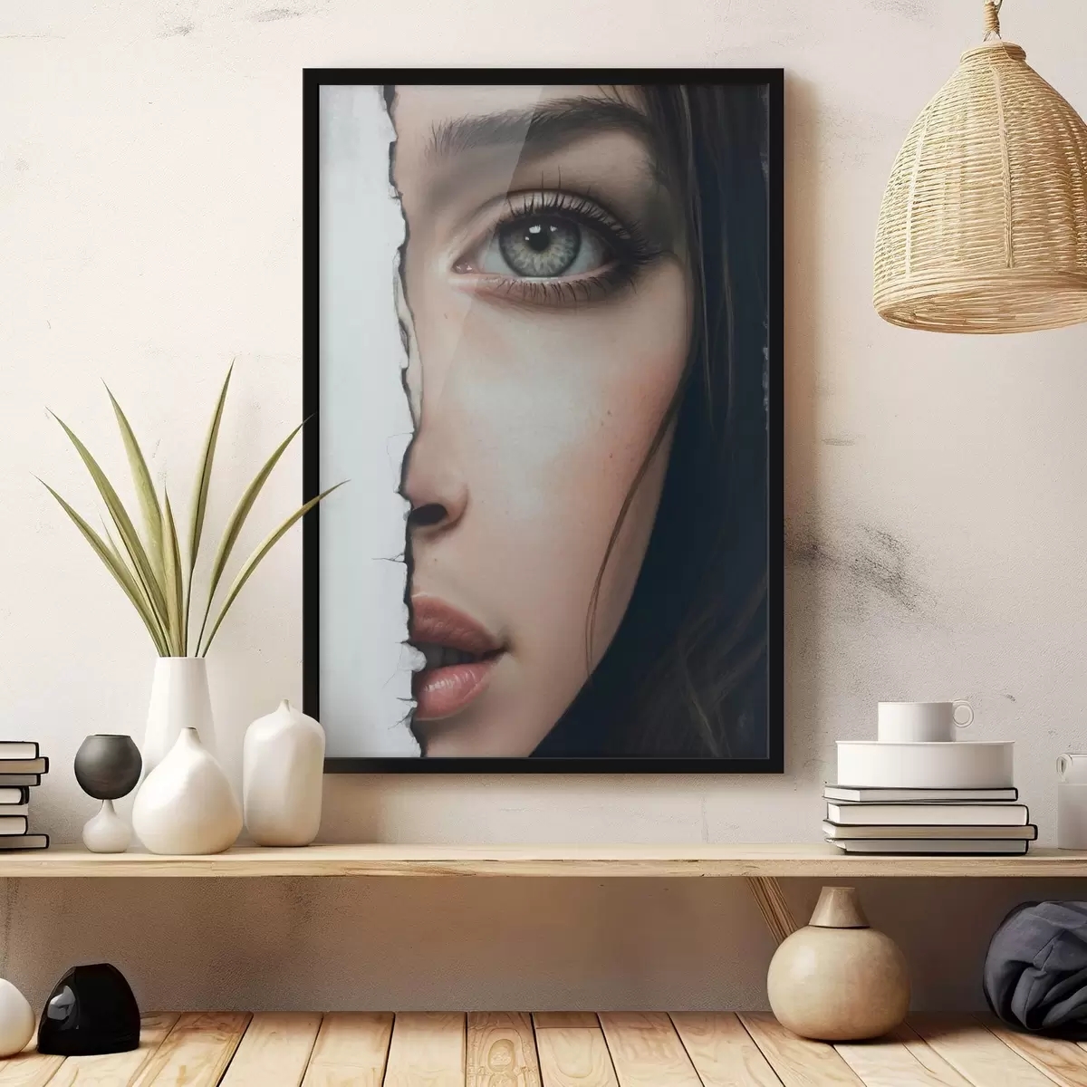 Plakat Tüdruku nägu valge seina taga f44083