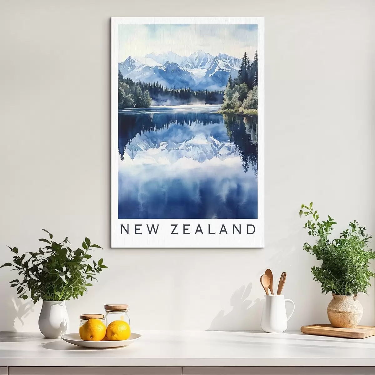 Pilt Ilusad mäed Uus-Meremaal, akvarellstiilis, järv, mets s44144