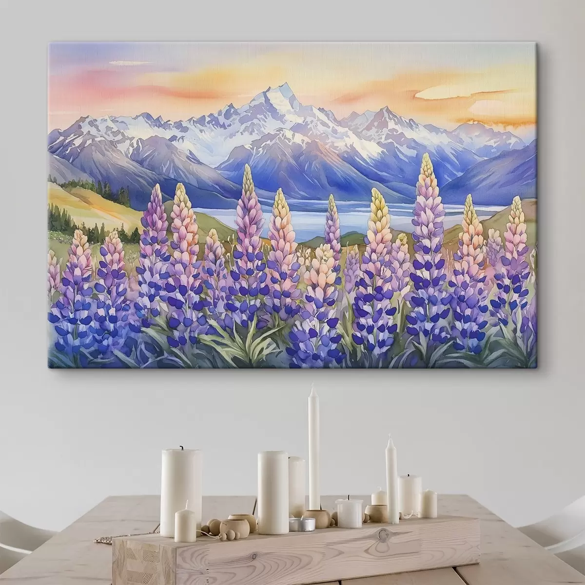 Pilt Lupiinide lilled, heinamaa, mäed, akvarellstiil, päikeseloojangu taevas s44146