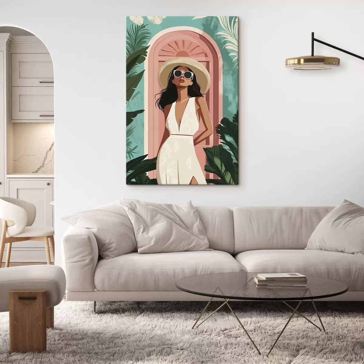 Pilt Naine päikeseprillidega ja mütsiga, troopiline loodus, arhitektuur  s44152