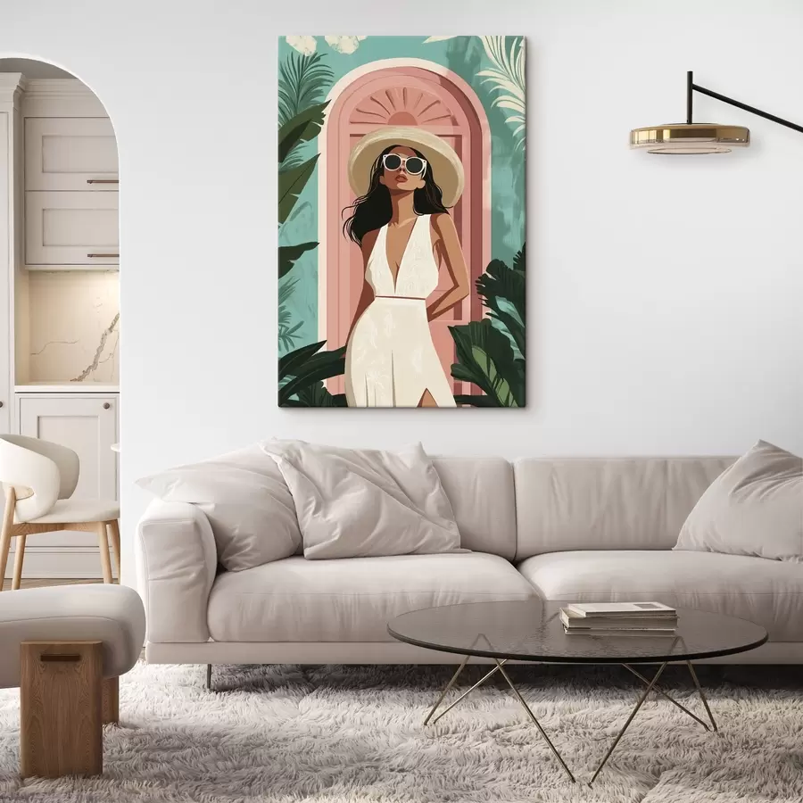 Pilt Naine päikeseprillidega ja mütsiga, troopiline loodus, arhitektuur  s44152