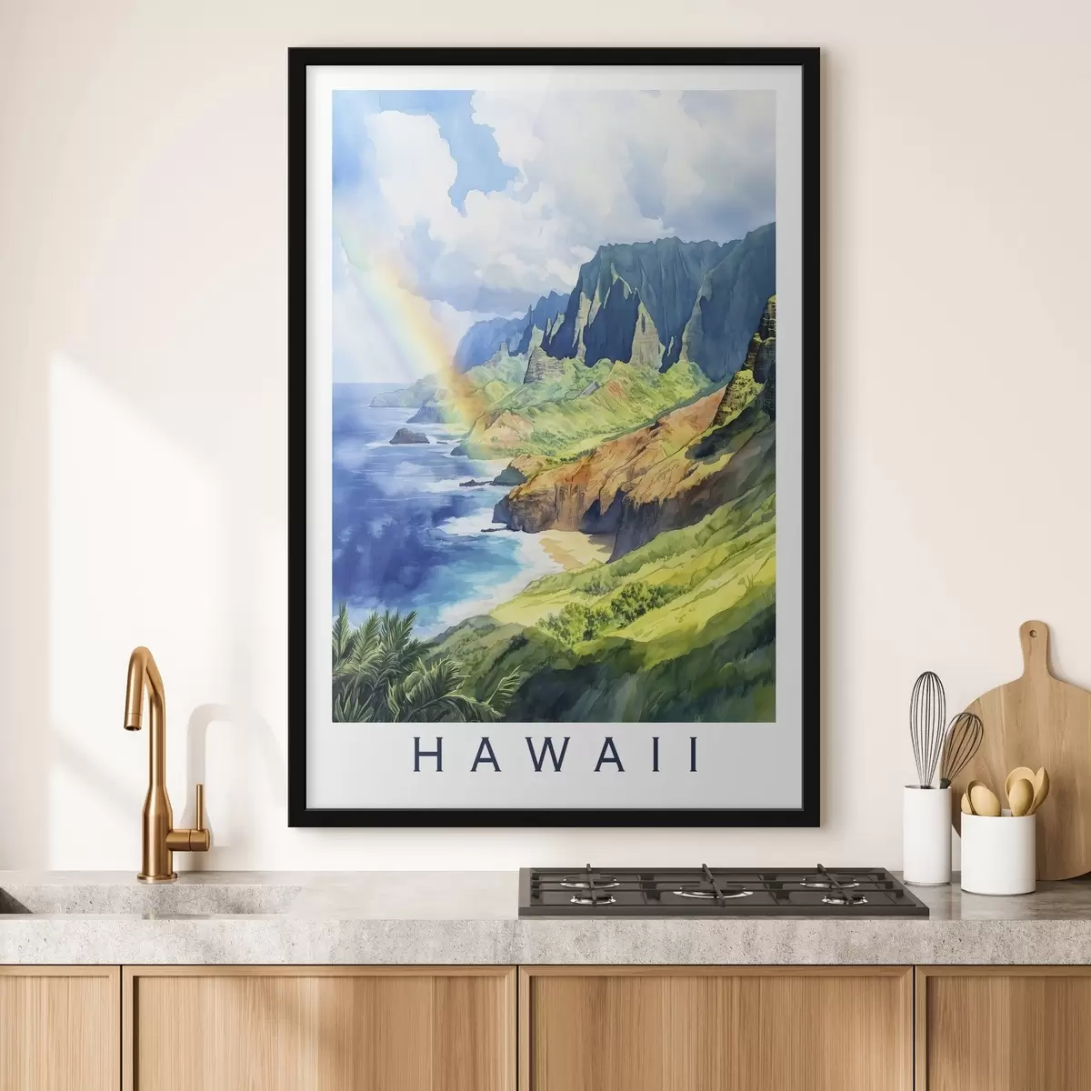 Plakat Hawaii saar, akvarellistiil, vikerkaar, rohelised mäed, ookean f44141