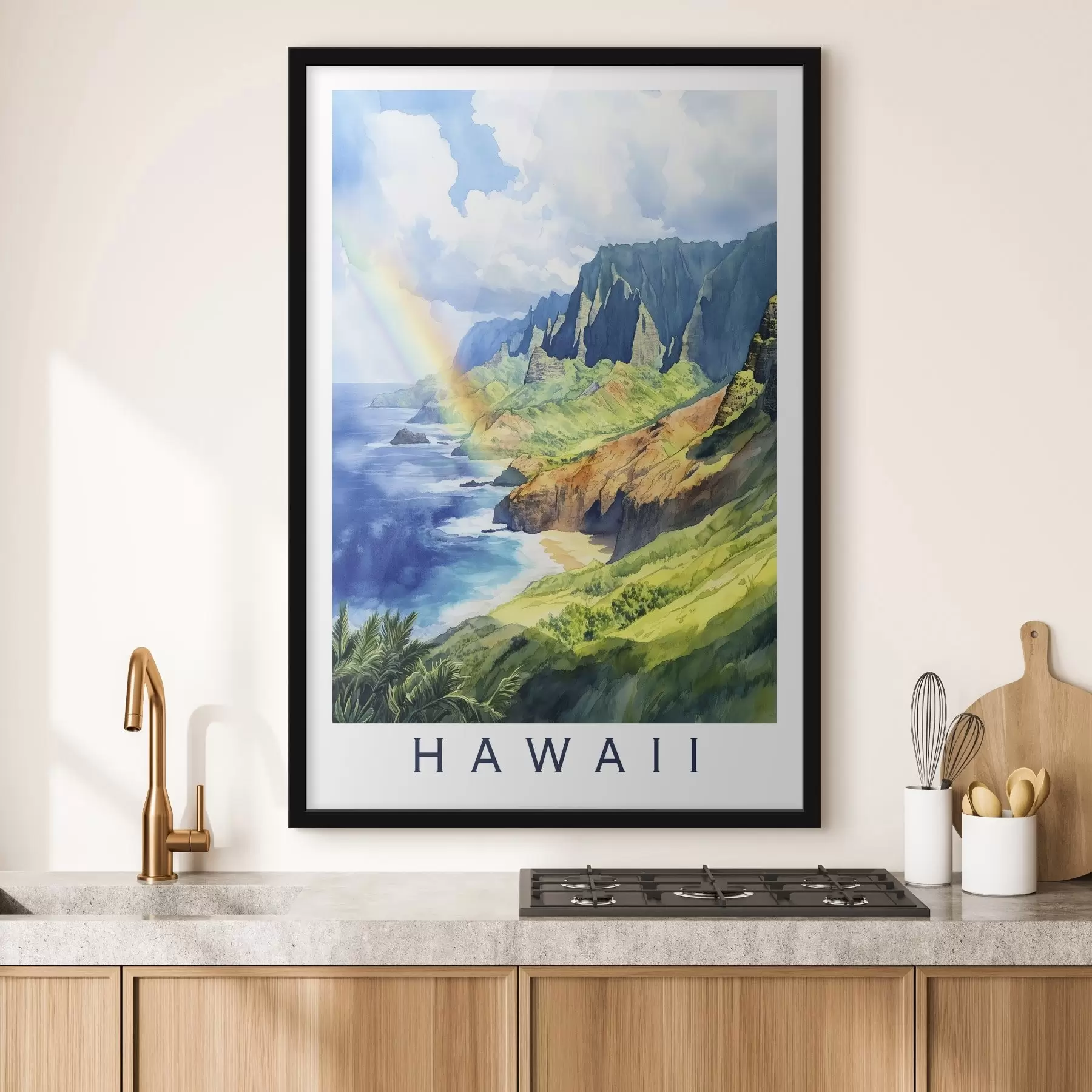 Pilt Hawaii saar, akvarellistiil, vikerkaar, rohelised mäed, ookean f44141