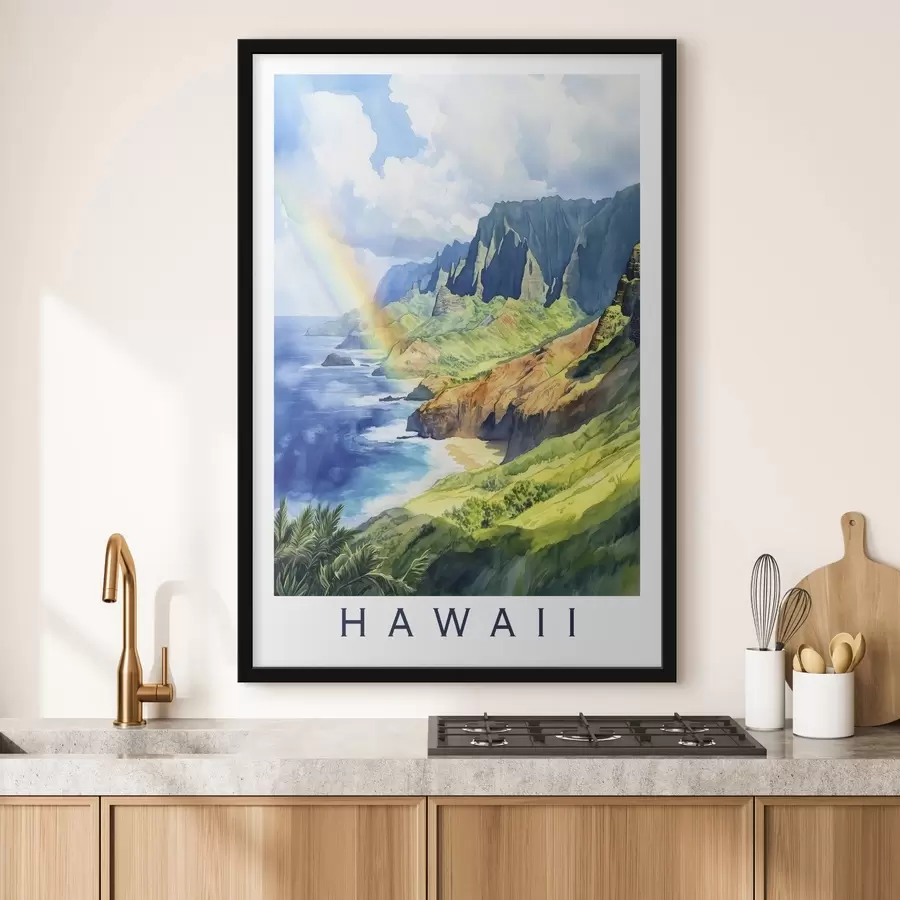 Fototapeedid Hawaii saar, akvarellistiil, vikerkaar, rohelised mäed, ookean f44141
