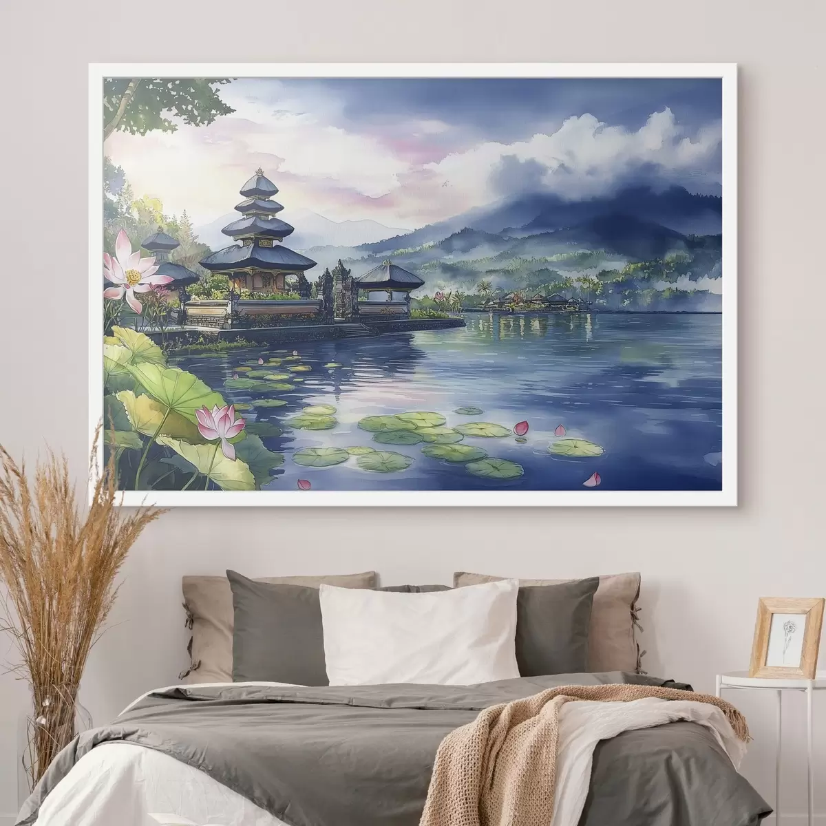 Plakat Indoneesia saar, tempel, budism, troopiline loodus, akvarellstiil f44148