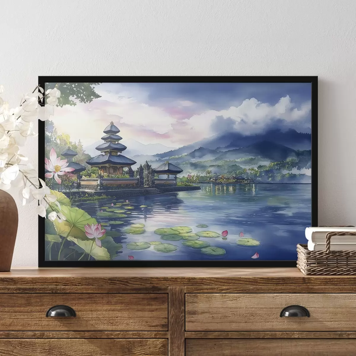 Plakat Indoneesia saar, tempel, budism, troopiline loodus, akvarellstiil f44148