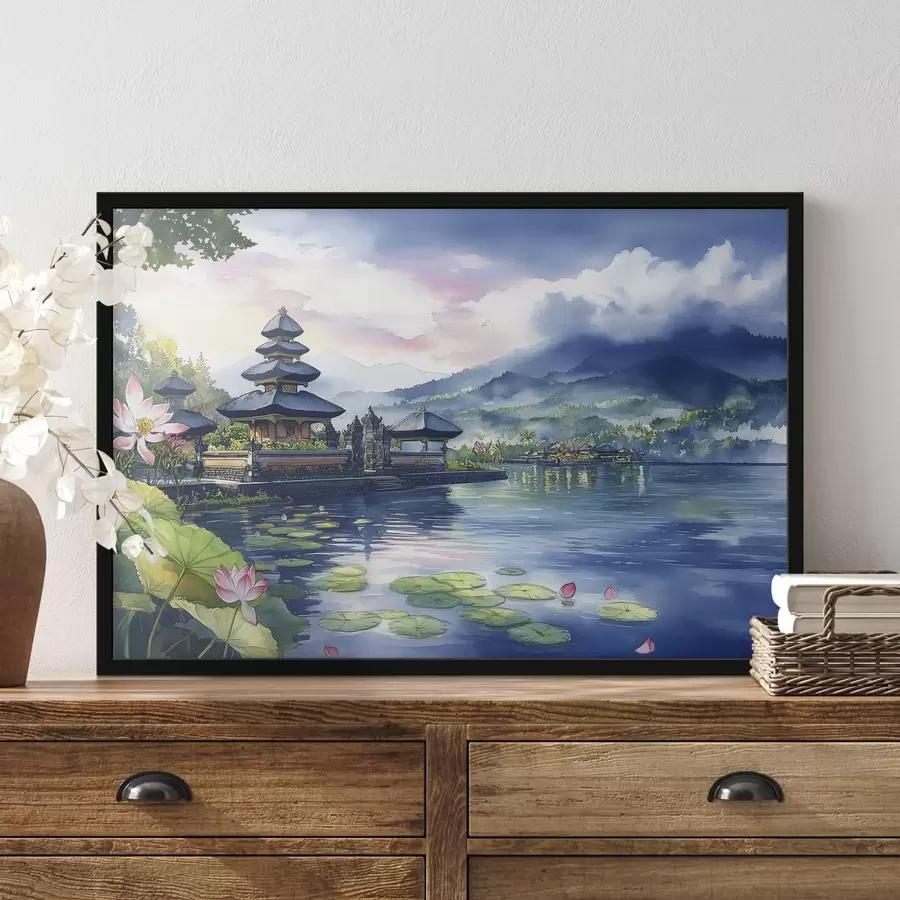 Fototapeedid Indoneesia saar, tempel, budism, troopiline loodus, akvarellstiil f44148