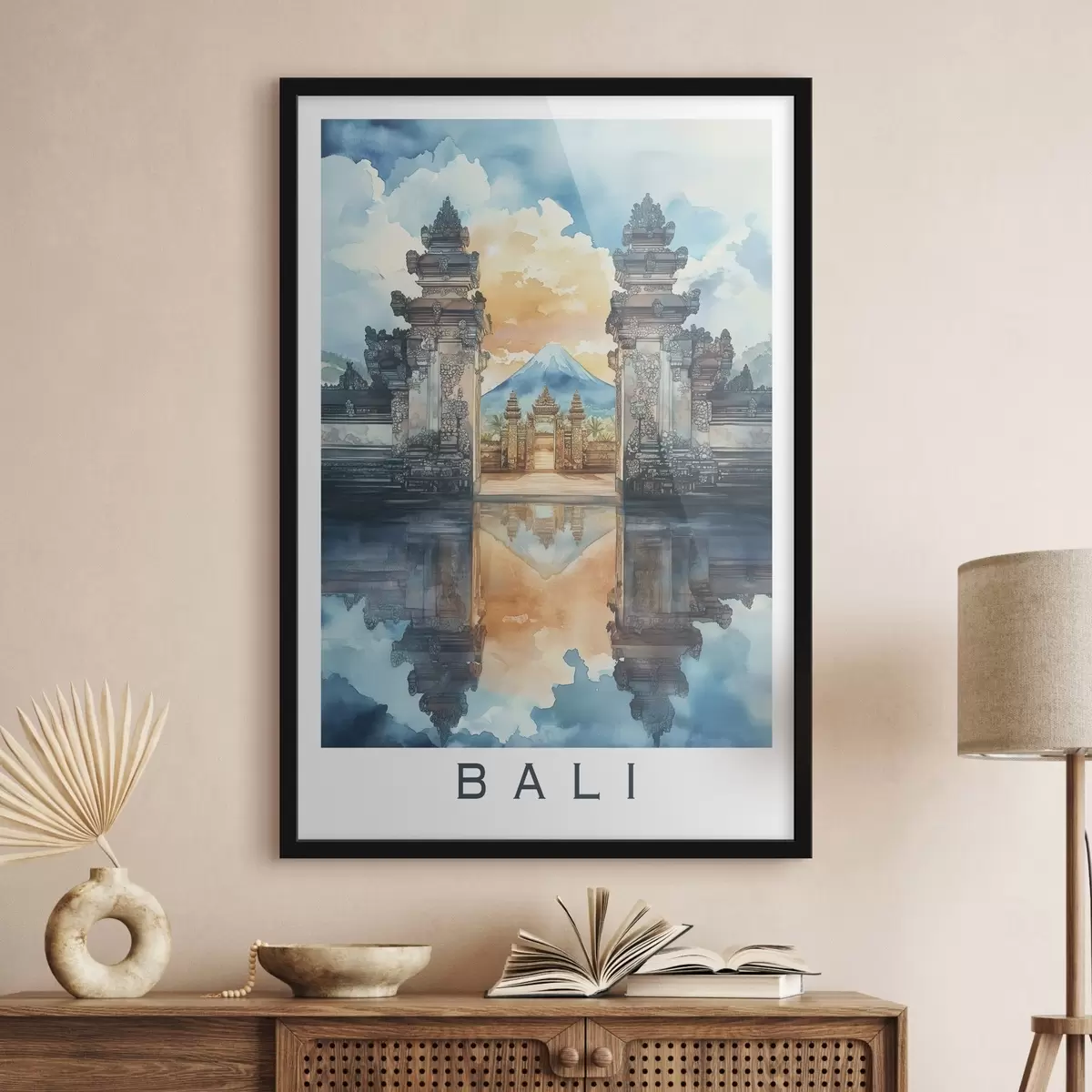 Plakat Bali esteetika, tempel, päikeseloojangu taevas, troopiline loodus, akvarellstiil f44149