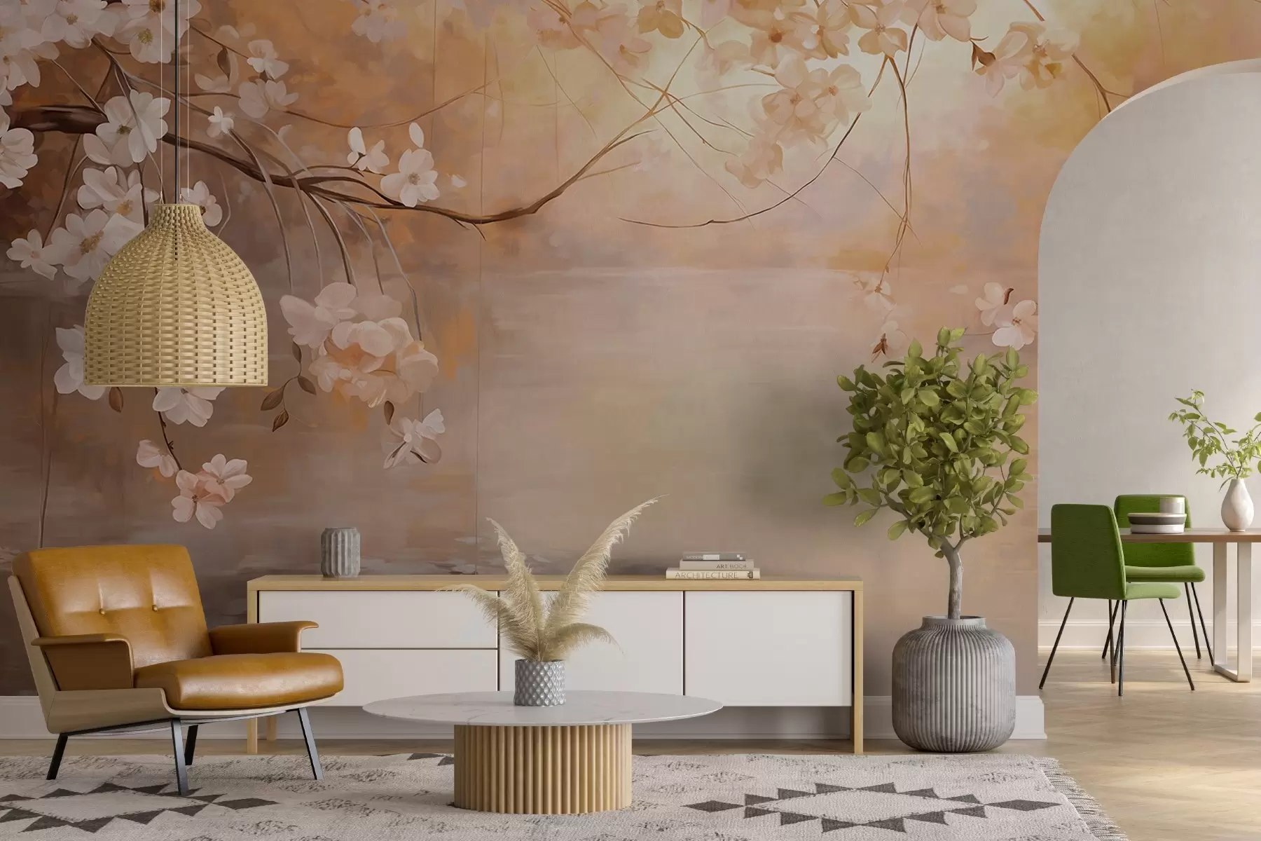 Fototapeedid Abstraktne maastikukunst koos õie oksa ja valgete lilledega, mis ripuvad üle järve, pehmed pastelsed värvid w09046