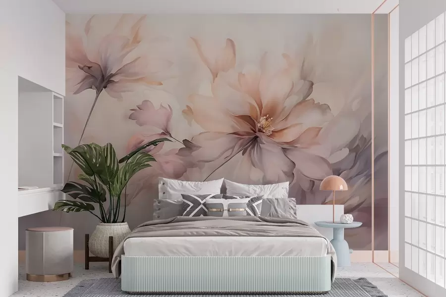 Fototapeedid Õrn lillekunst, millel on suured pastellvärvi lilled, mille kroonlehed on läbipaistvad, pehmed varred ja õrnalt hajutatud taustaga  w09050