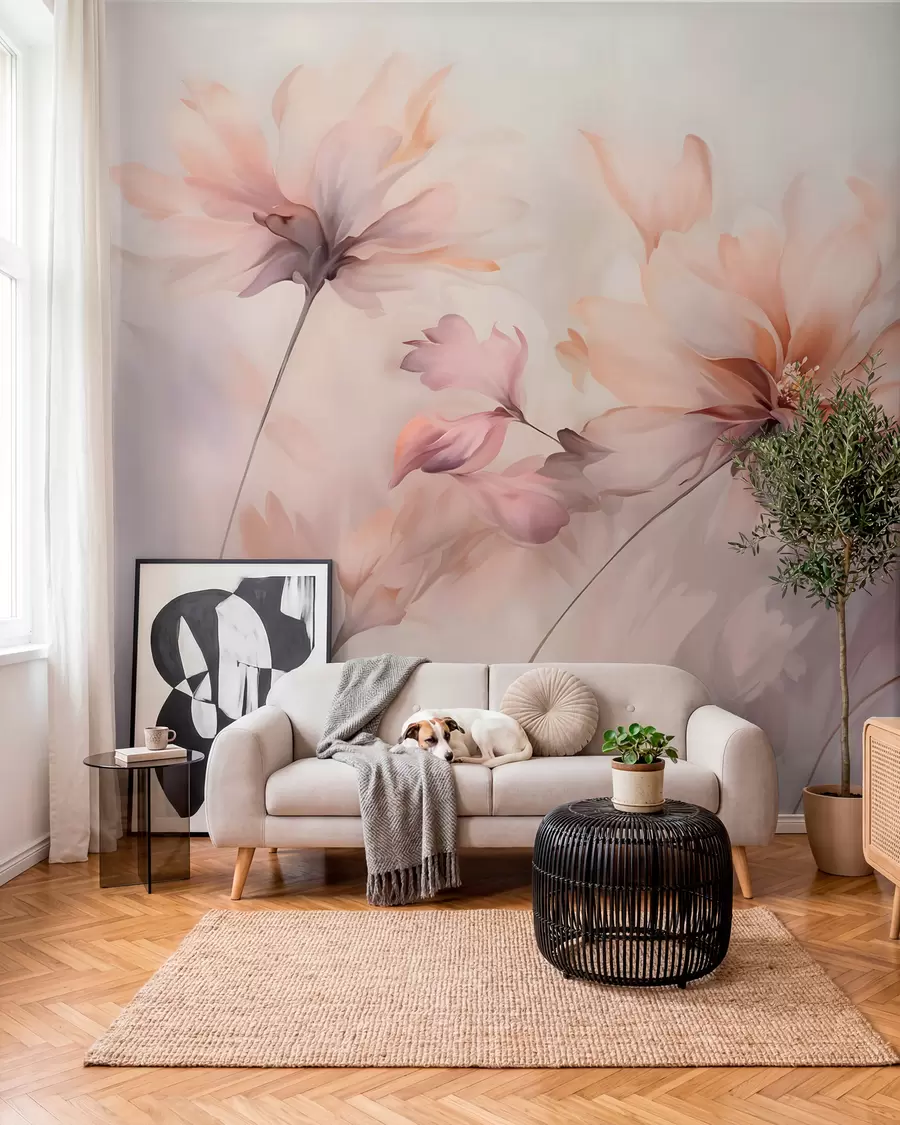 Fototapeedid Õrn lillekunst, millel on suured pastellvärvi lilled, mille kroonlehed on läbipaistvad, pehmed varred ja õrnalt hajutatud taustaga  w09050