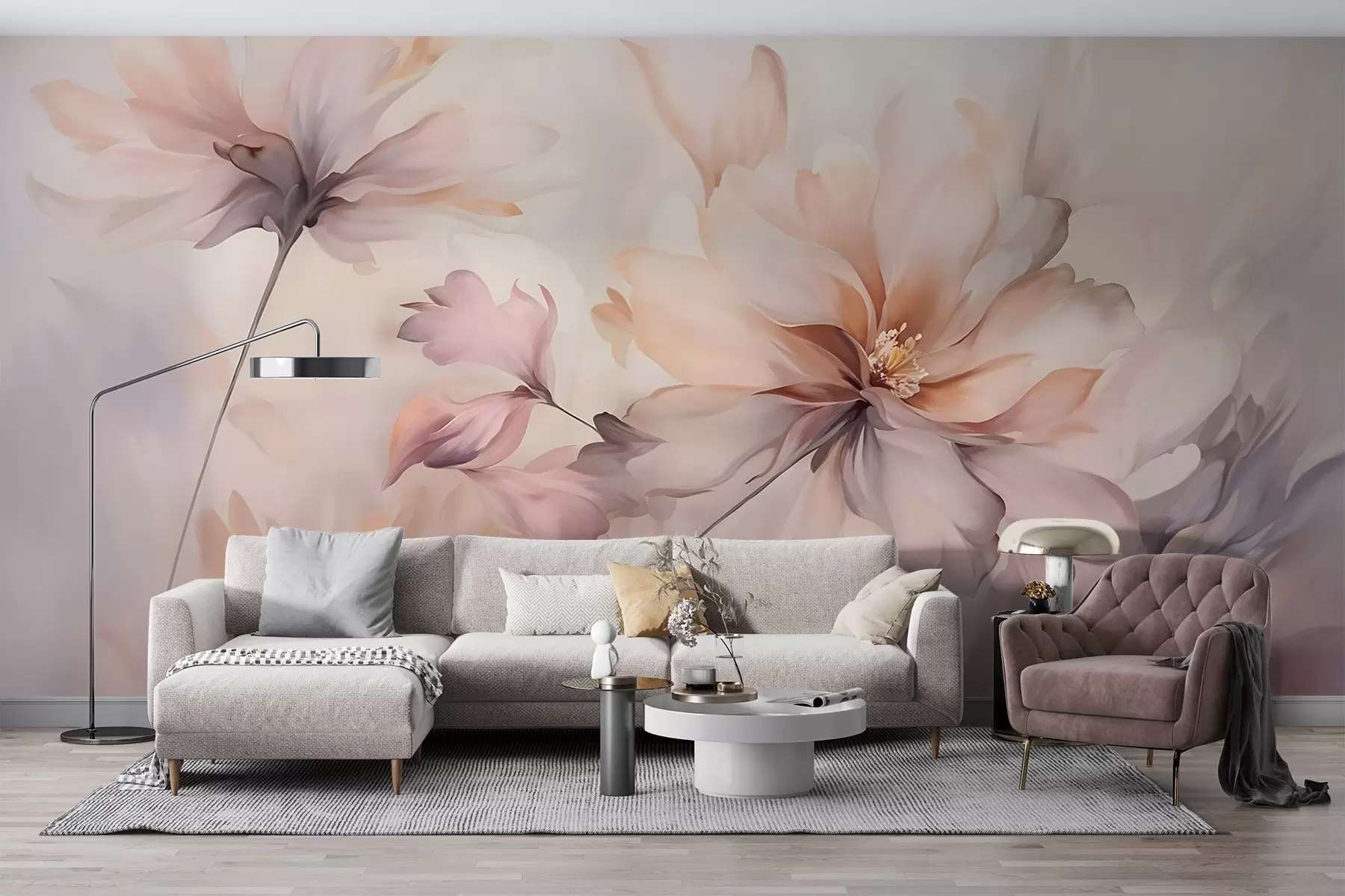 Fototapeedid Õrn lillekunst, millel on suured pastellvärvi lilled, mille kroonlehed on läbipaistvad, pehmed varred ja õrnalt hajutatud taustaga  w09050