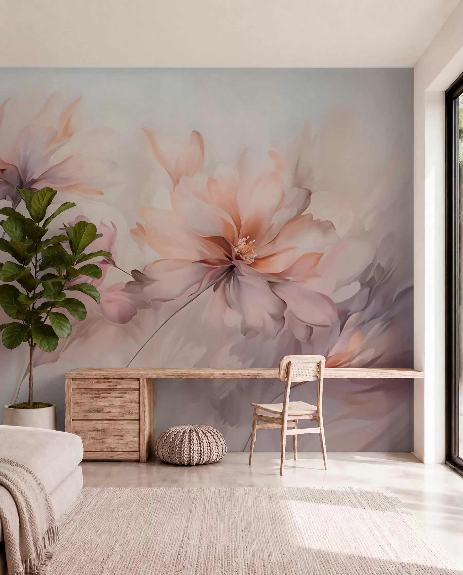 Fototapeedid Õrn lillekunst, millel on suured pastellvärvi lilled, mille kroonlehed on läbipaistvad, pehmed varred ja õrnalt hajutatud taustaga  w09050