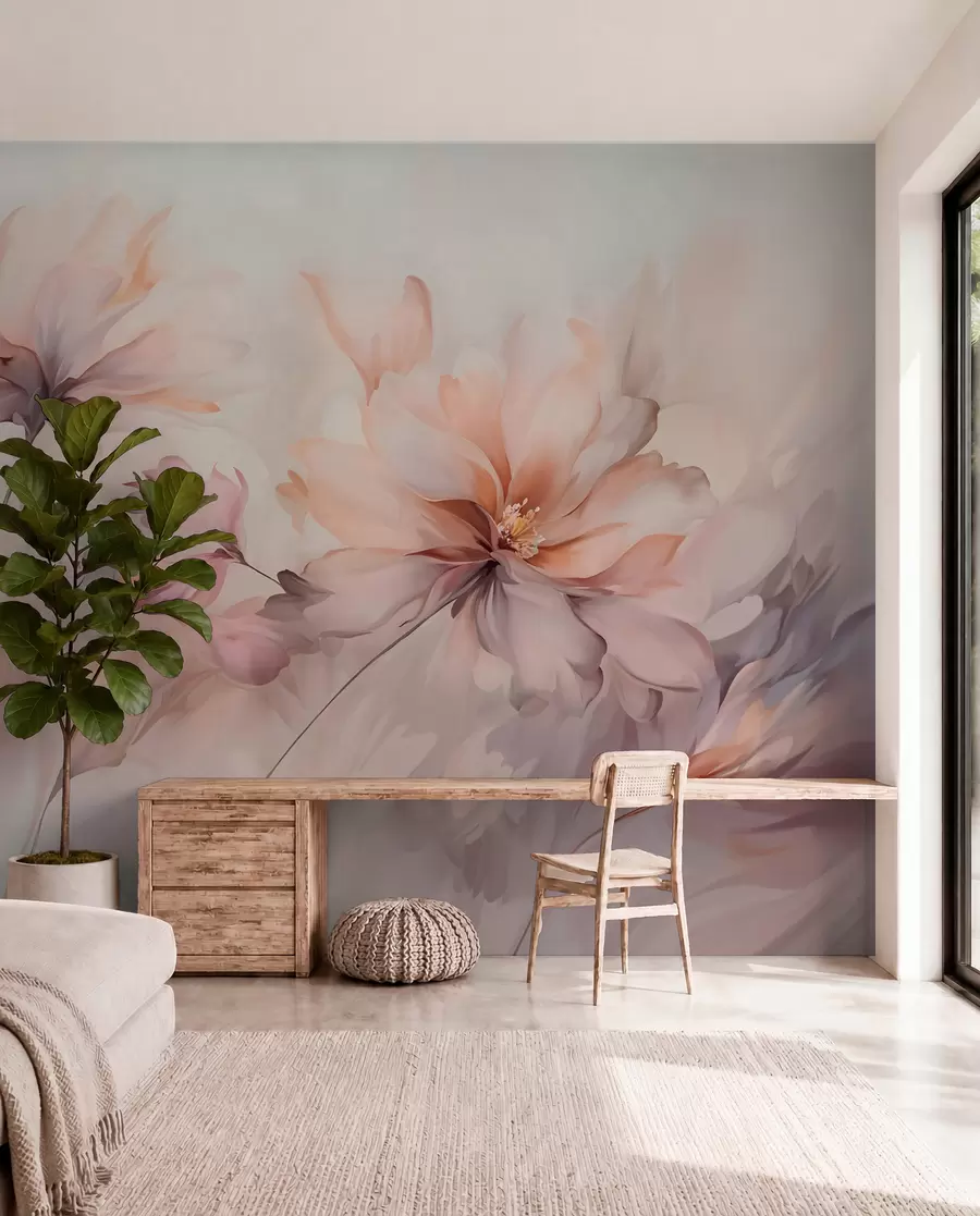 Fototapeedid Õrn lillekunst, millel on suured pastellvärvi lilled, mille kroonlehed on läbipaistvad, pehmed varred ja õrnalt hajutatud taustaga  w09050