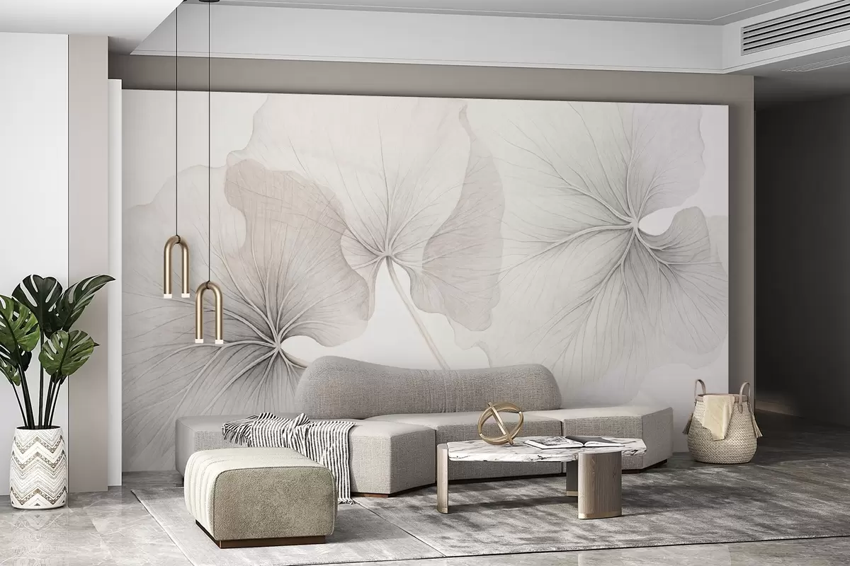 Fototapeedid Kolm läbipaistvat, nähtavate soontega, müratekstuuriga, veidi kattuvate õhukeste varrega lehte valgel taustal w09052