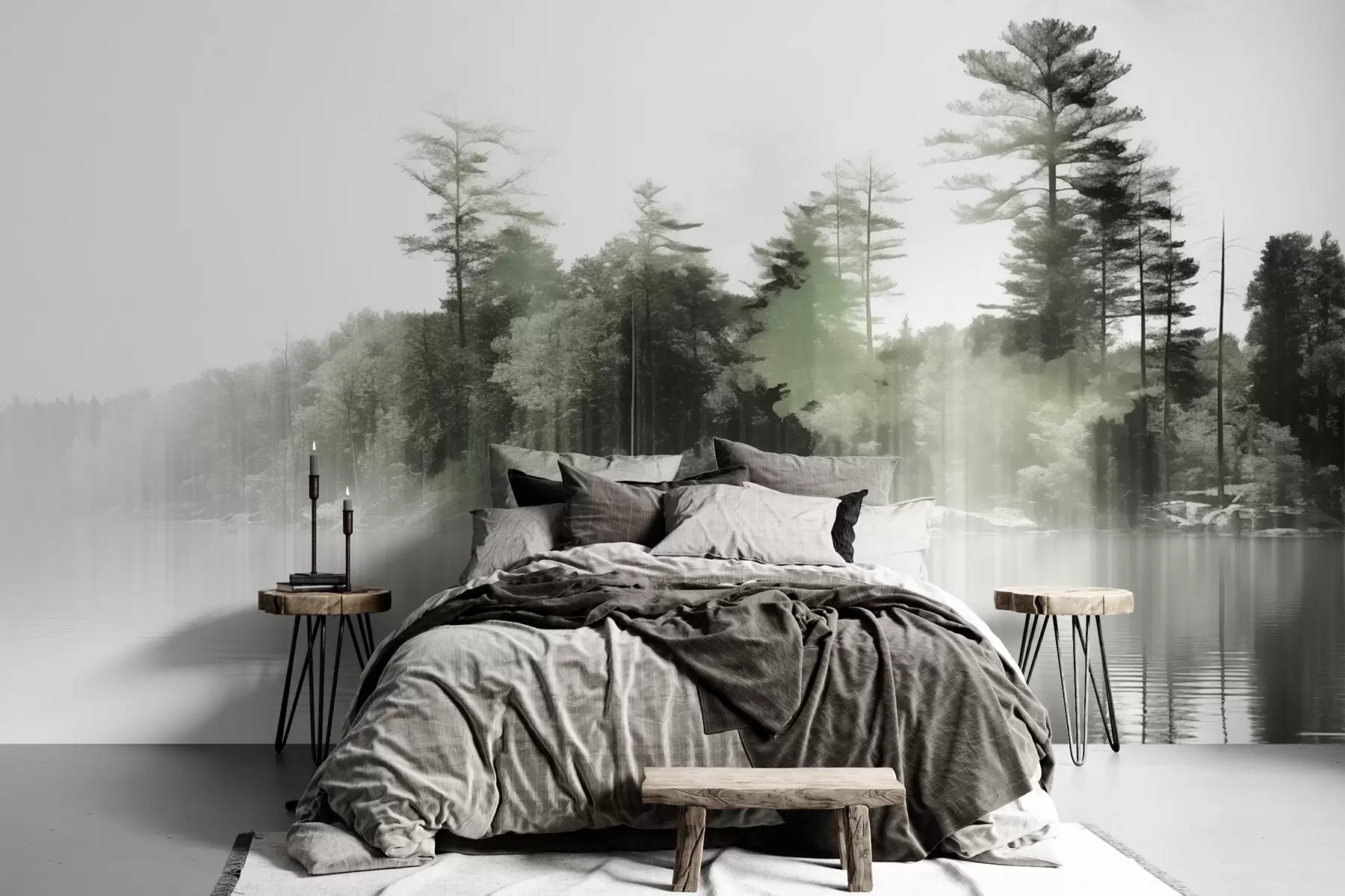 Fototapeedid Abstraktne minimalistlik tekstuurne maastik järve ja puude peegeldustega vees rohelistes ja valgetes toonides w09058