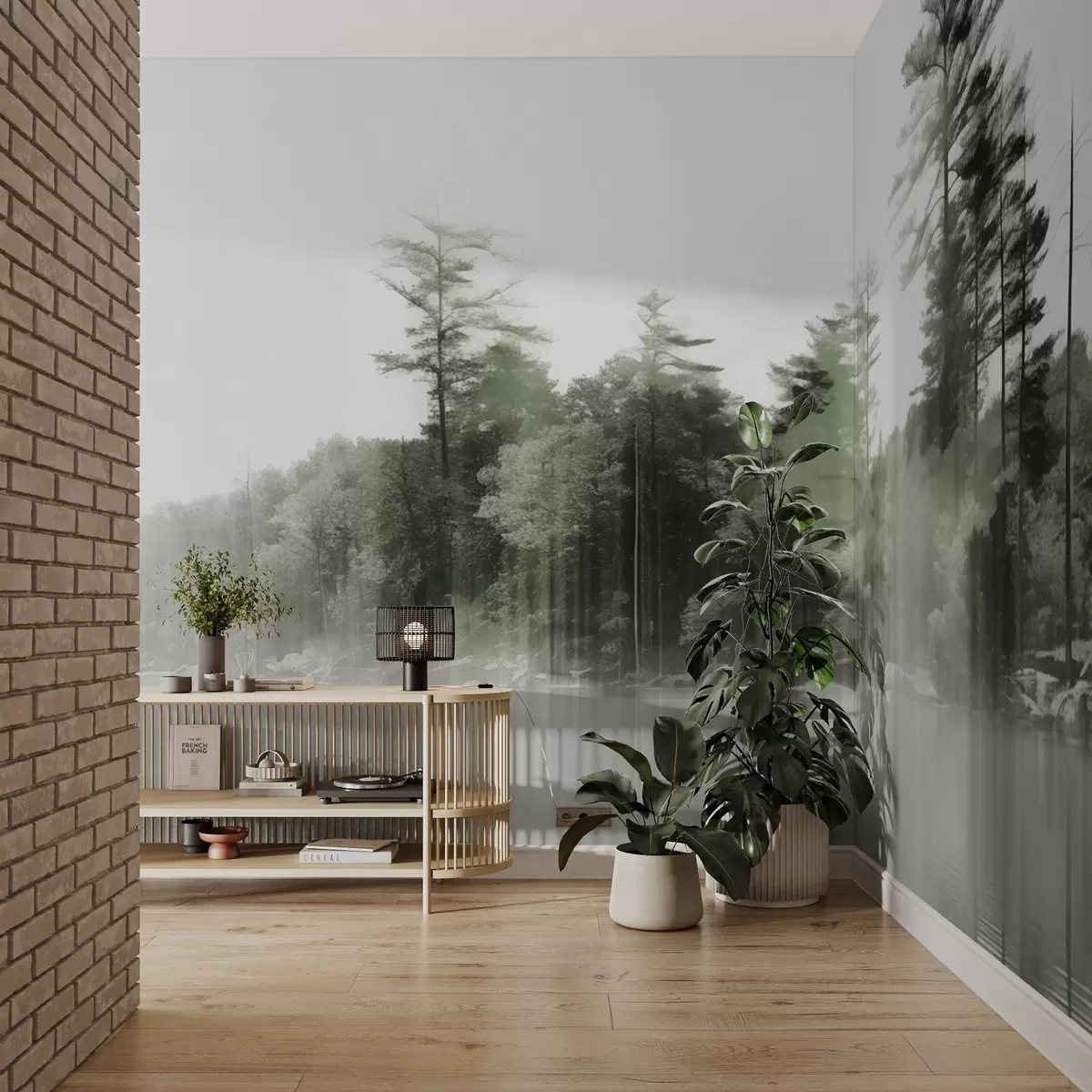 Fototapeedid Abstraktne minimalistlik tekstuurne maastik järve ja puude peegeldustega vees rohelistes ja valgetes toonides w09058