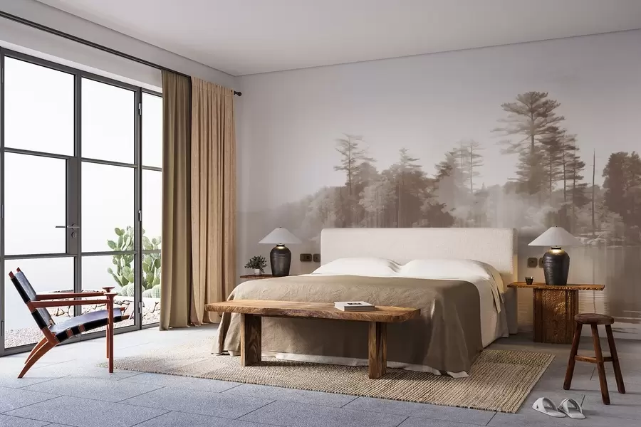 Fototapeedid Abstraktne minimalistlik tekstuurne maastik järve ja puude peegeldustega vees beeži ja valgetes toonides w09058v1