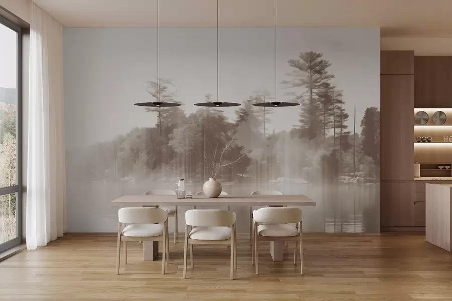 Fototapeedid Abstraktne minimalistlik tekstuurne maastik järve ja puude peegeldustega vees beeži ja valgetes toonides w09058v1