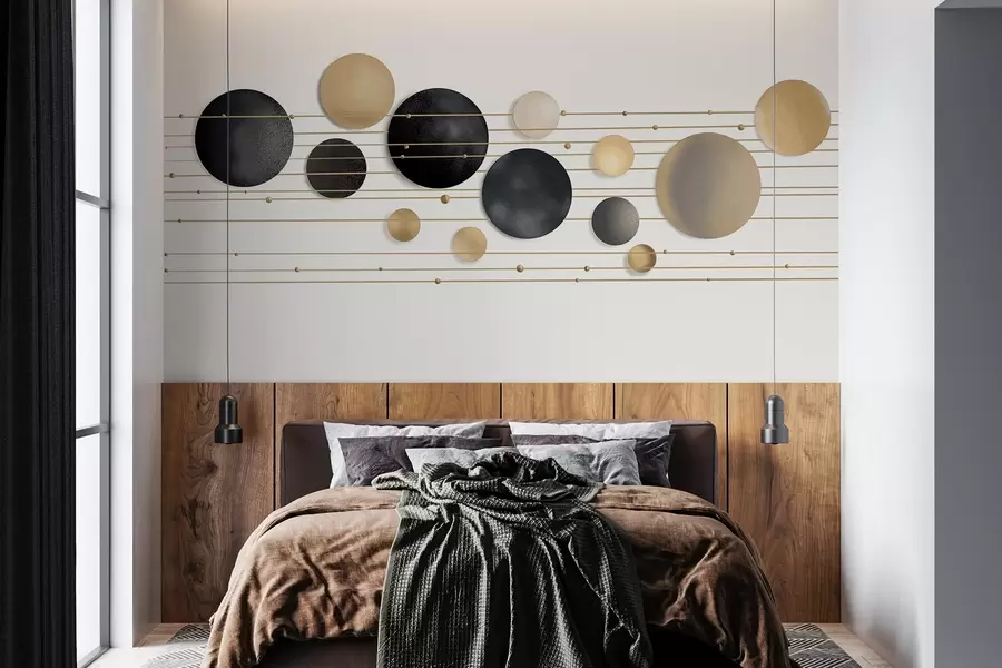 Fototapeedid Abstraktne kaasaegne disain, millel on valge, kollase ja halli tooni tekstuursed ringid, mis on ühendatud õhukeste joontega, minimalistlik kunst  w09060