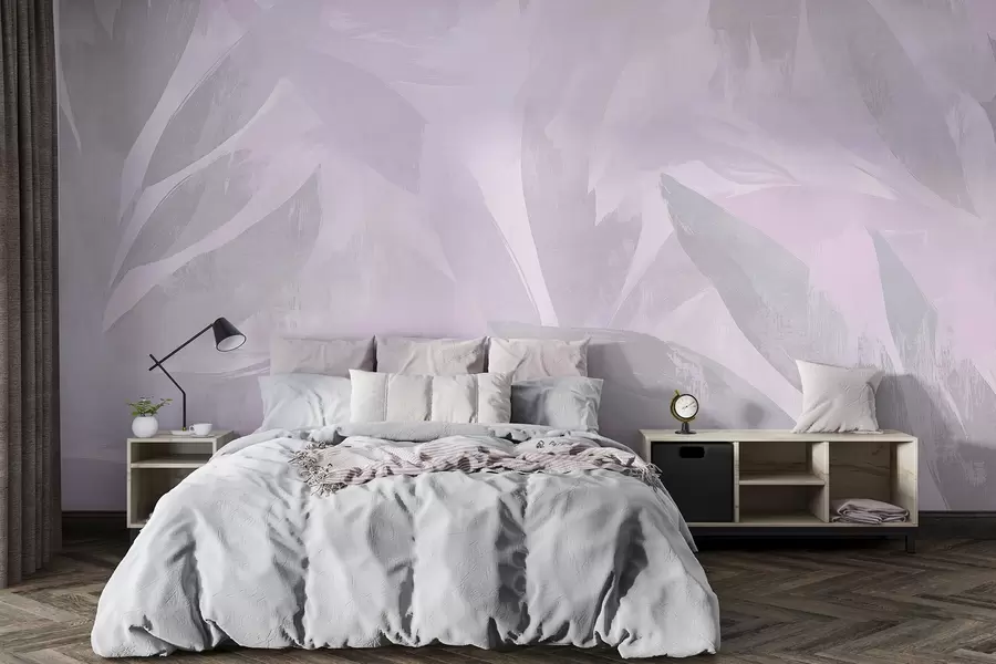 Fototapeedid Troopilised lehed, lillelised, palmipuud, pastelne stiil, lillad värvid w03881v1