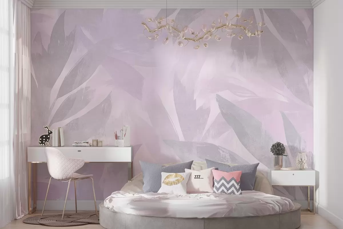 Fototapeedid Troopilised lehed, lillelised, palmipuud, pastelne stiil, lillad värvid w03881v1