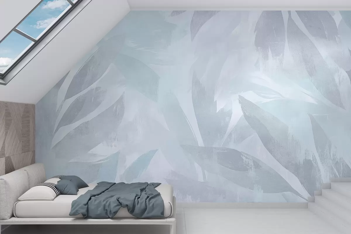 Fototapeedid Troopilised lehed, lillelised, palmid, pastelsed värvid, sinised värvid w03881v2