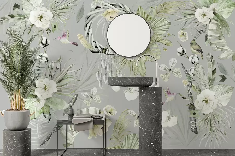 Fototapeedid Boho stiilis ornament pioonilillede ja lindudega, akvarellstiilis, rohelised värvid w03885v2