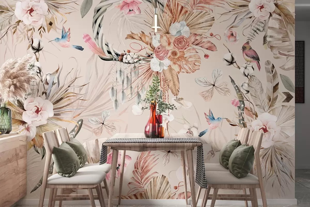 Fototapeedid Boho stiilis ornament pioonilillede ja lindudega, akvarellstiilis, pehmed värvid w03885v3