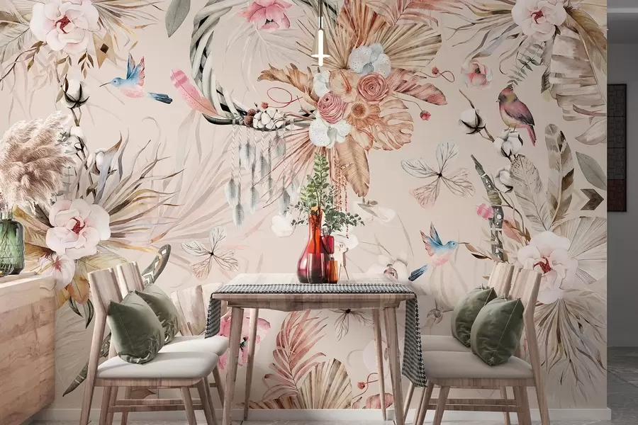 Fototapeedid Boho stiilis ornament pioonilillede ja lindudega, akvarellstiilis, pehmed värvid w03885v3