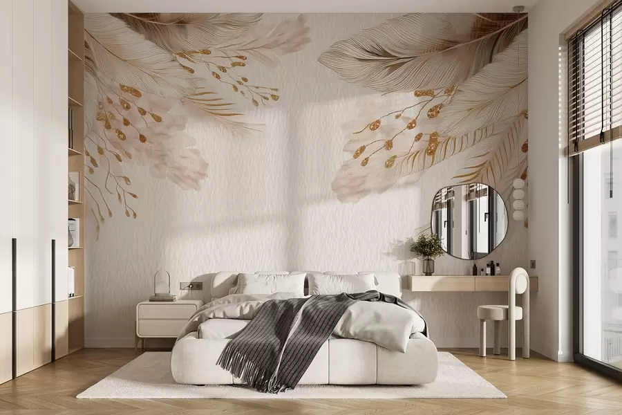 Fototapeedid Pampasrohi ja suled akvarellistiilis beeži ja valge värviga paberil w09079