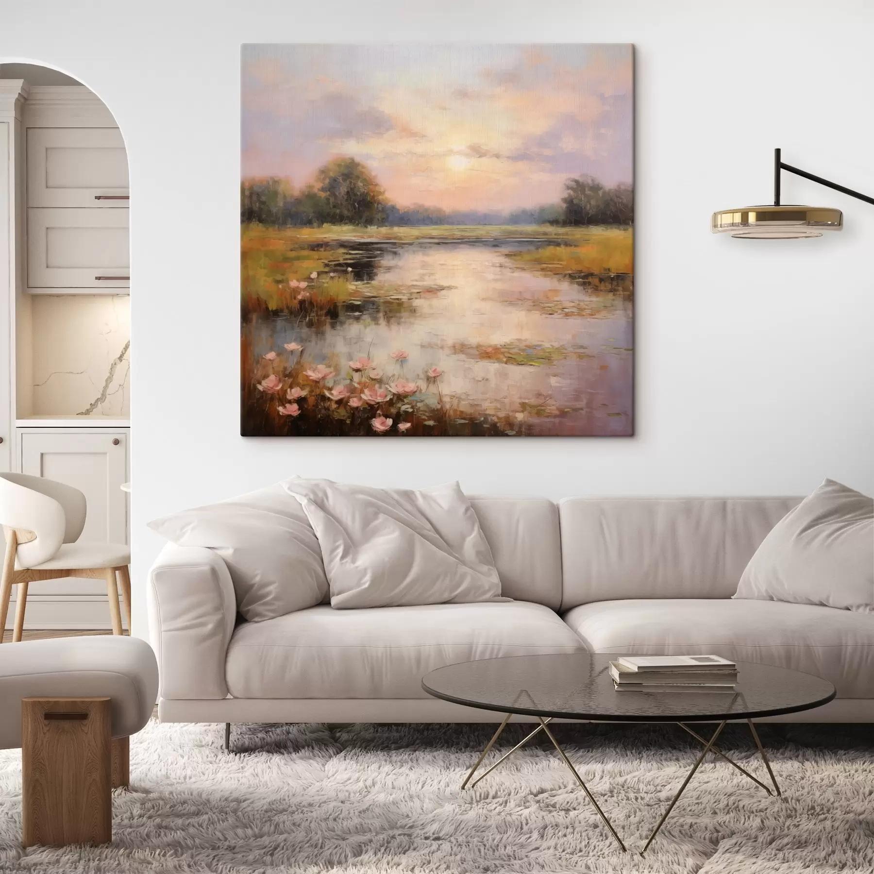 Pilt Lilledega veekogu päikeseloojangul s44044