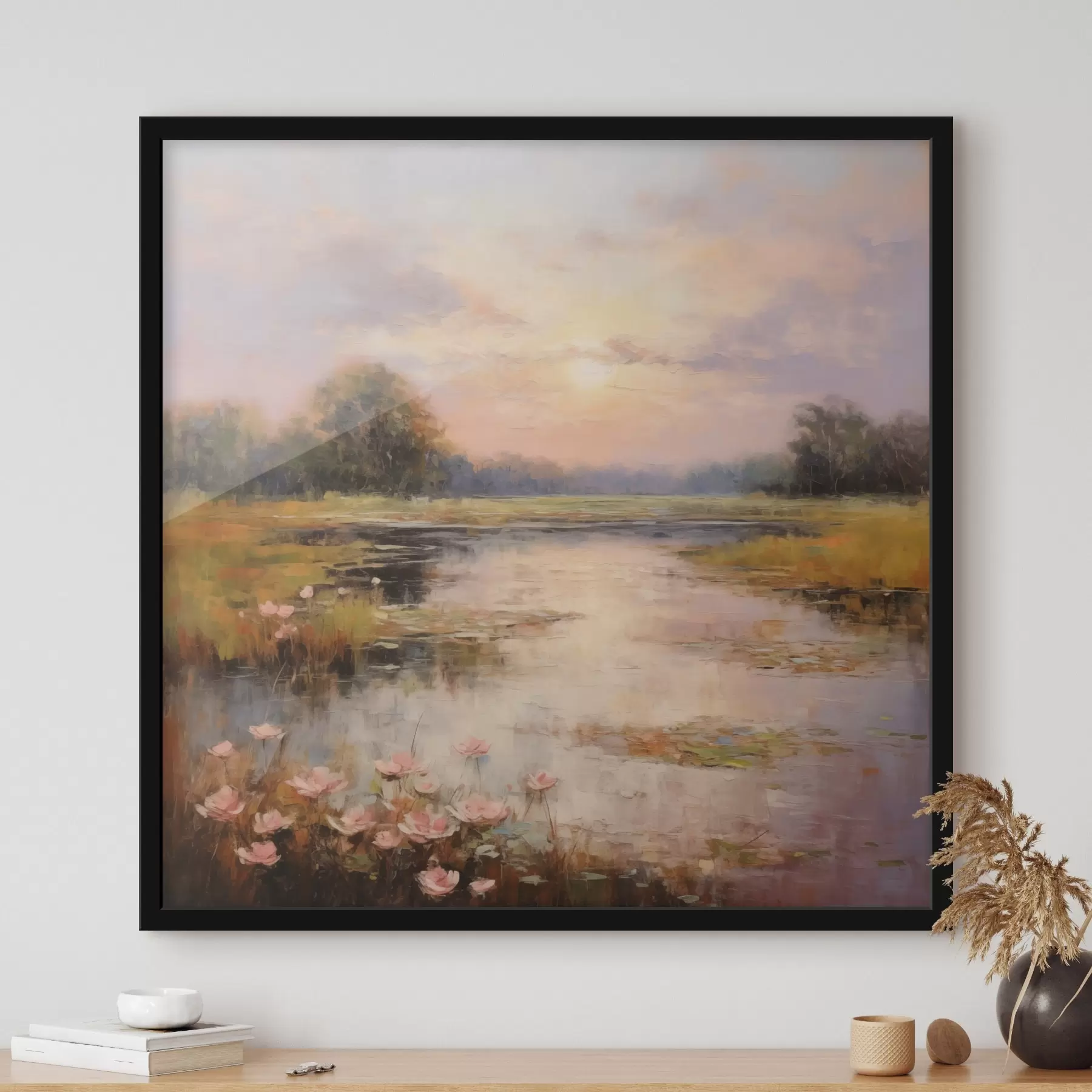 Fototapeedid Lilledega veekogu päikeseloojangul f44044