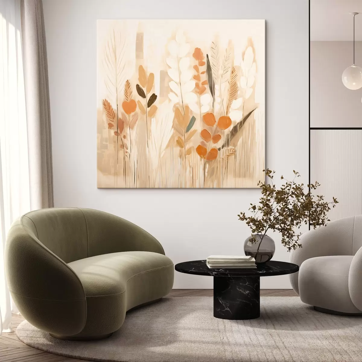 Pilt Soe abstraktsioon, milles on kasutatud põldude rohtu ja lilli beeži ja oranži värvipaletis juugendstiilis s44252