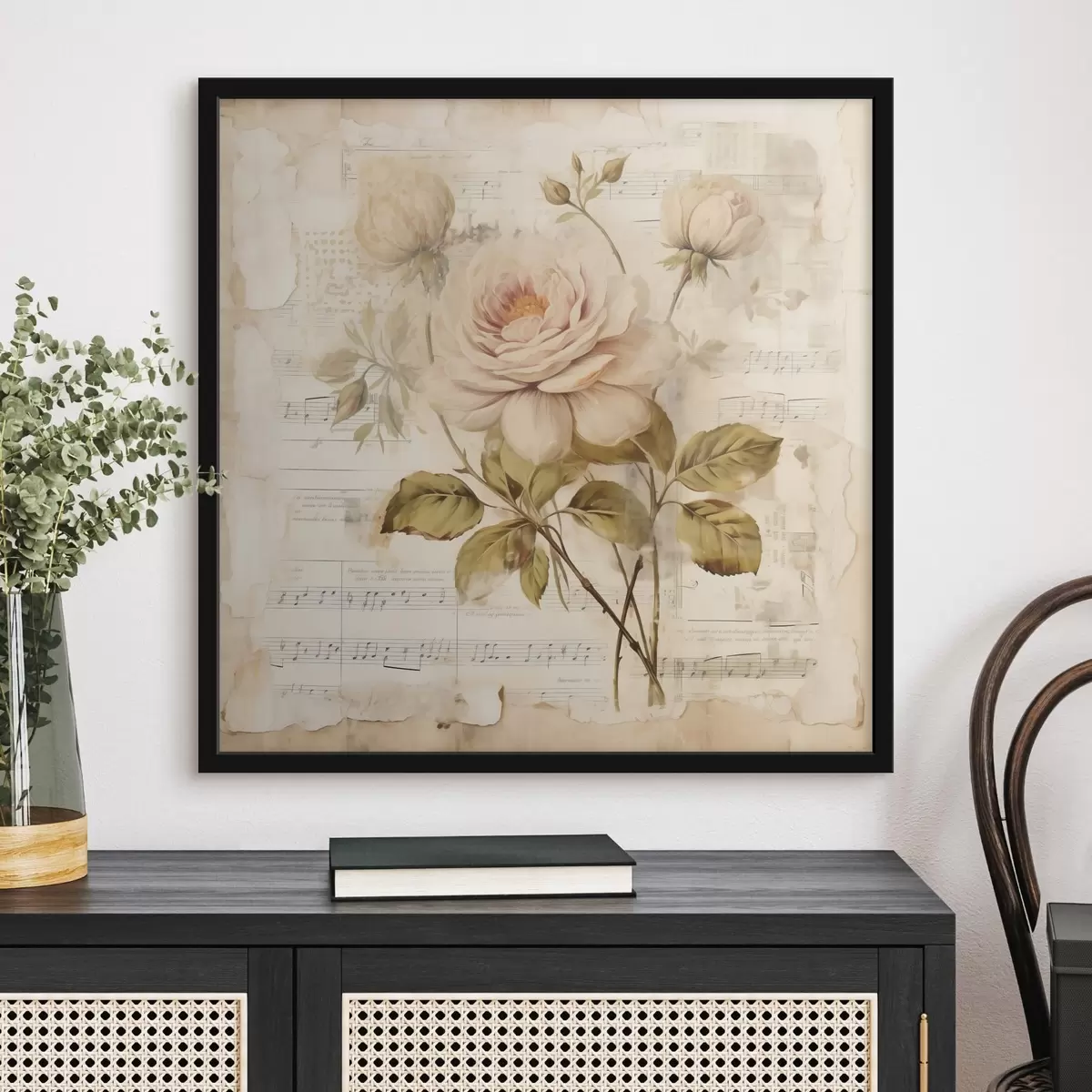 Plakat Vintage kompositsioon roosidest vanade nootide taustal f44247