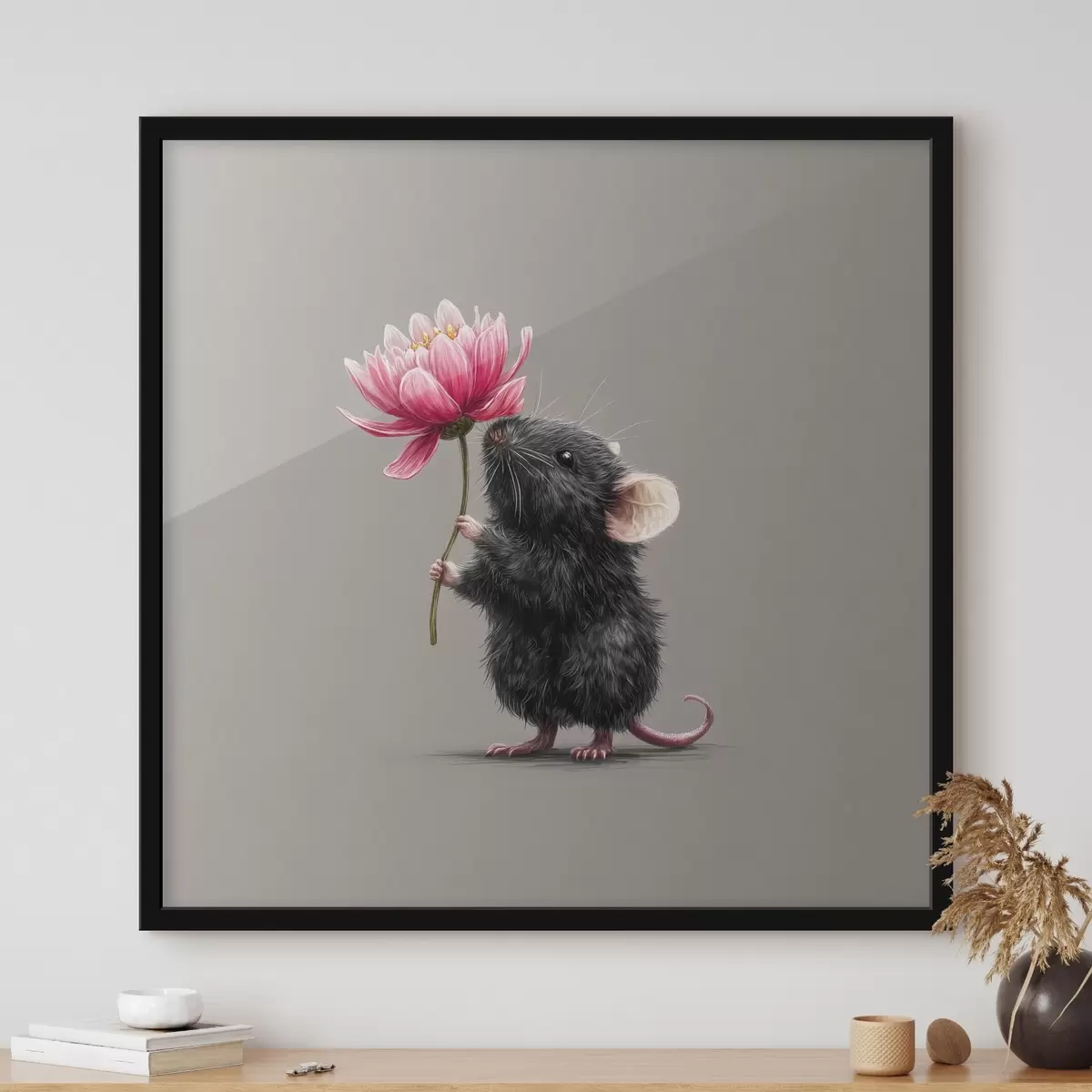 Plakat Võluv hiir hingab sisse roosa pojengi aroomi f44248