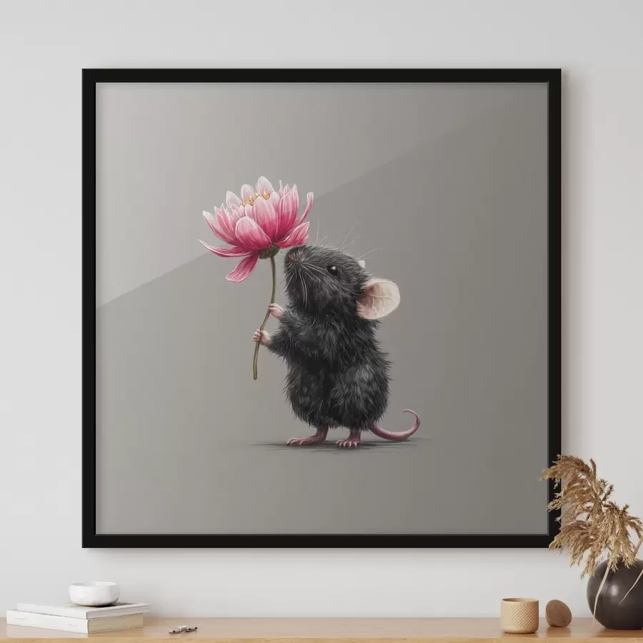 Fototapeedid Võluv hiir hingab sisse roosa pojengi aroomi f44248