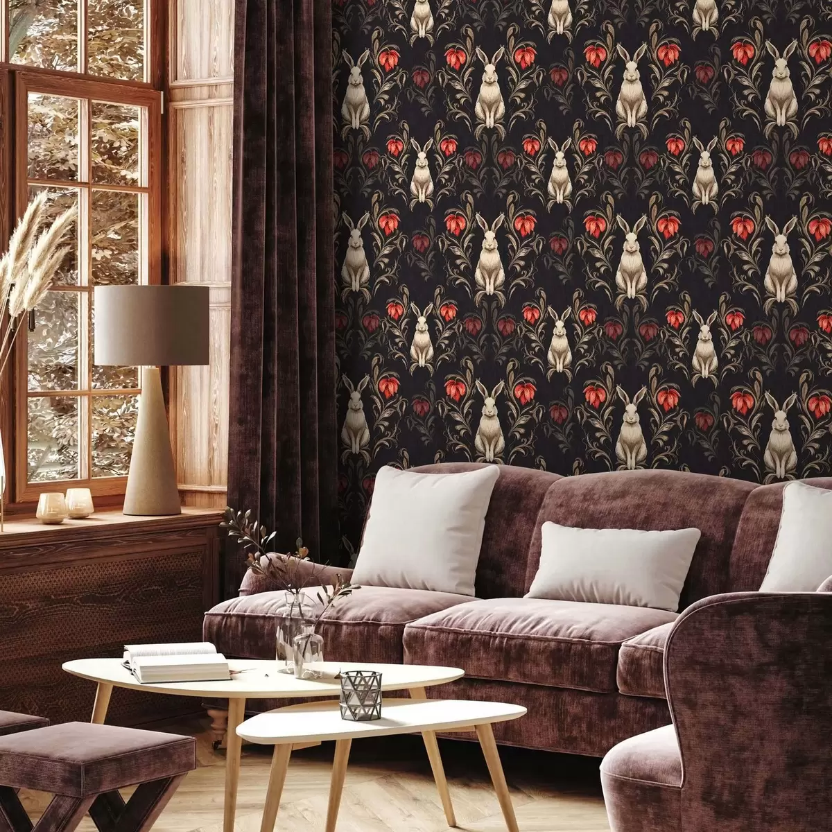 Tapeet Jänes ja punased lilled tumedal taustal a00102