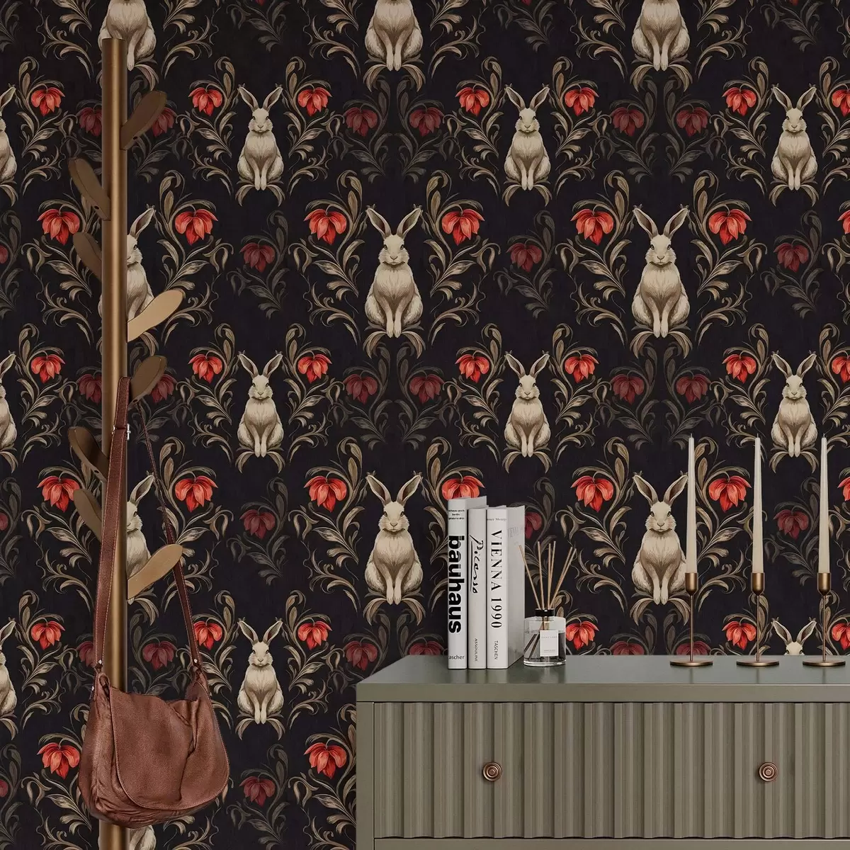 Tapeet Jänes ja punased lilled tumedal taustal a00102