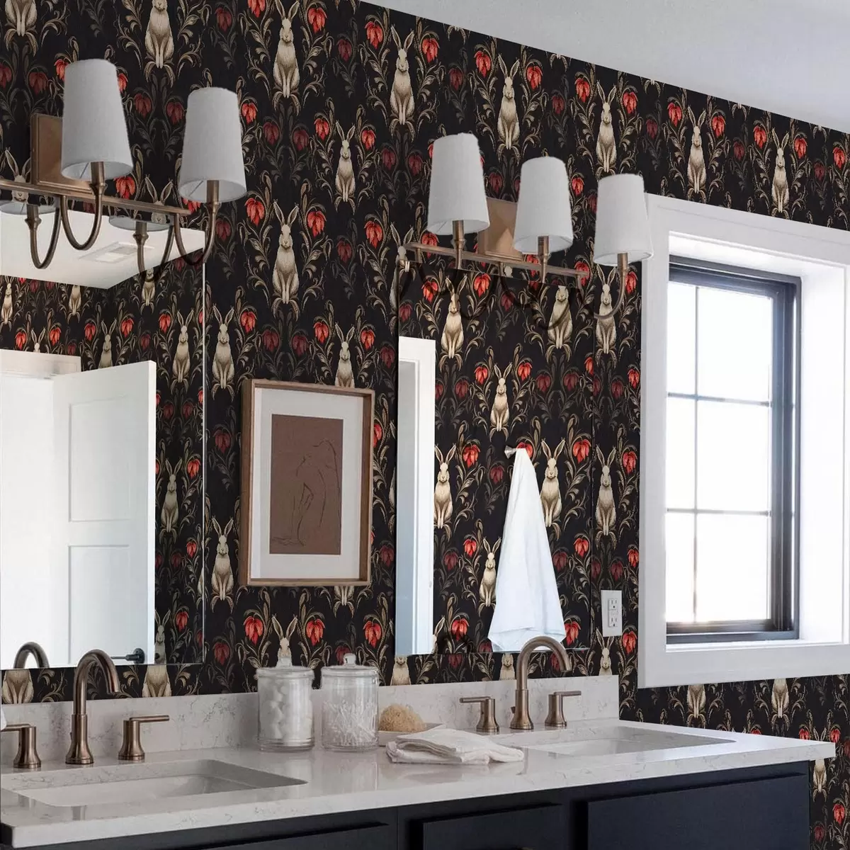 Tapeet Jänes ja punased lilled tumedal taustal a00102