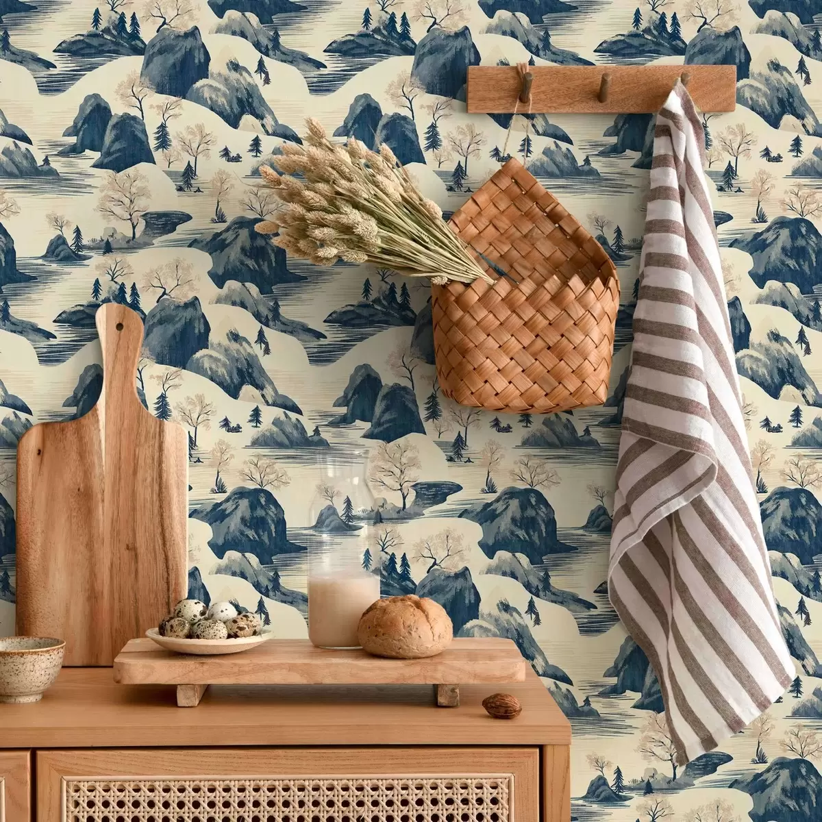 Tapeet Talvised maastikud koos mägijõega sinistes toonides a00103