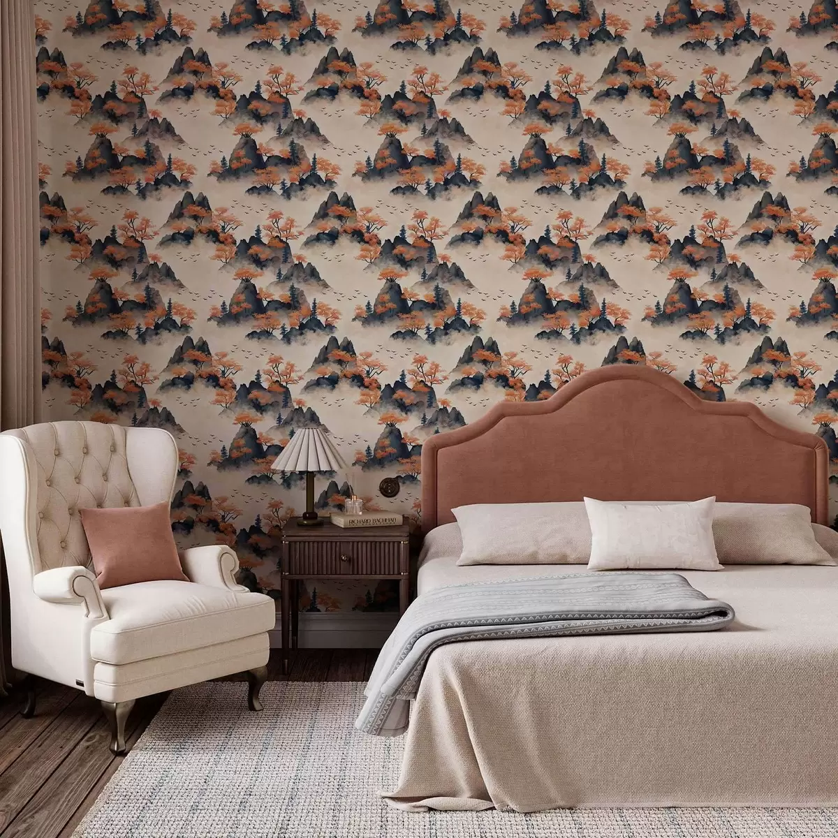 Tapeet Sügisesed mäed udus koos oranžide puude ja lindudega a00104