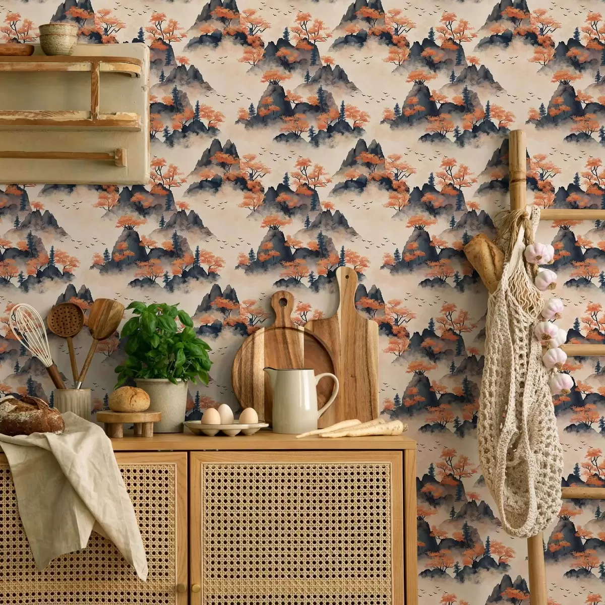 Tapeet Sügisesed mäed udus koos oranžide puude ja lindudega a00104