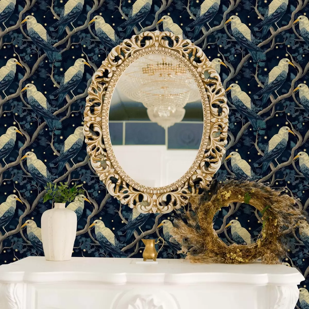 Tapeet Valged linnud okstel säravate tulukeste vahel öises metsas a00109